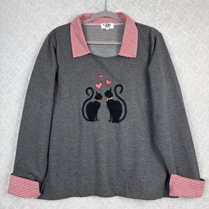 Vtg 90s Cat Sweatshirt Womens Large Gray Red Gingham Collar Heart Grandmacore